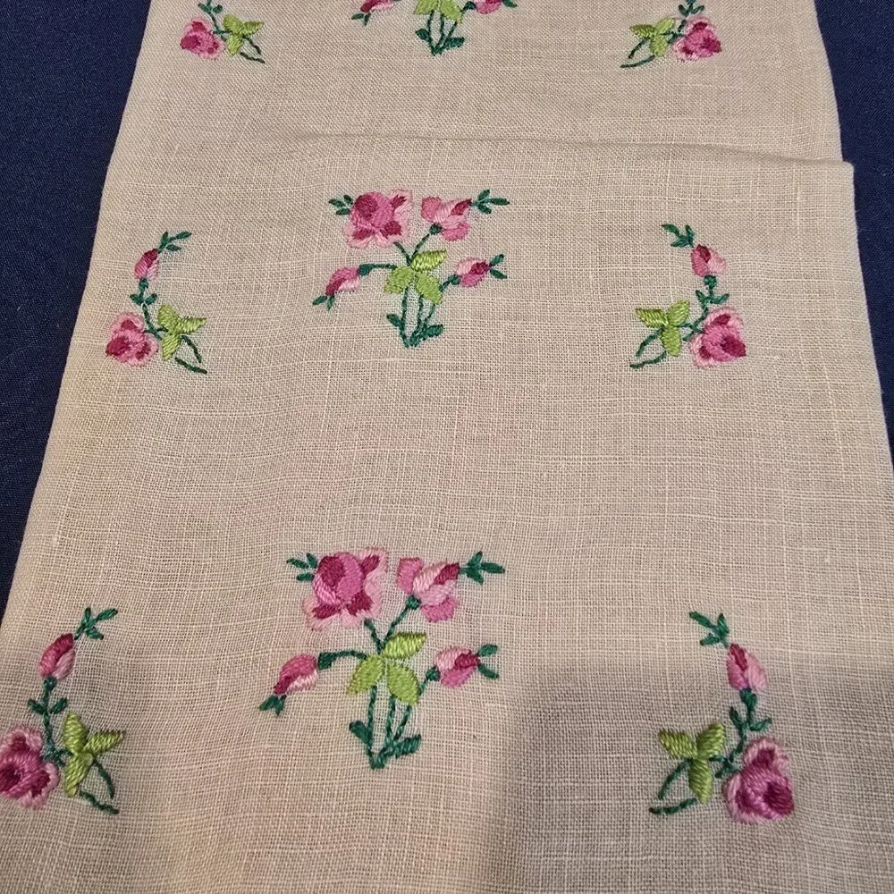 Hand Towel Beige Linen Embroidered Roses MCM 1950s Pink Green